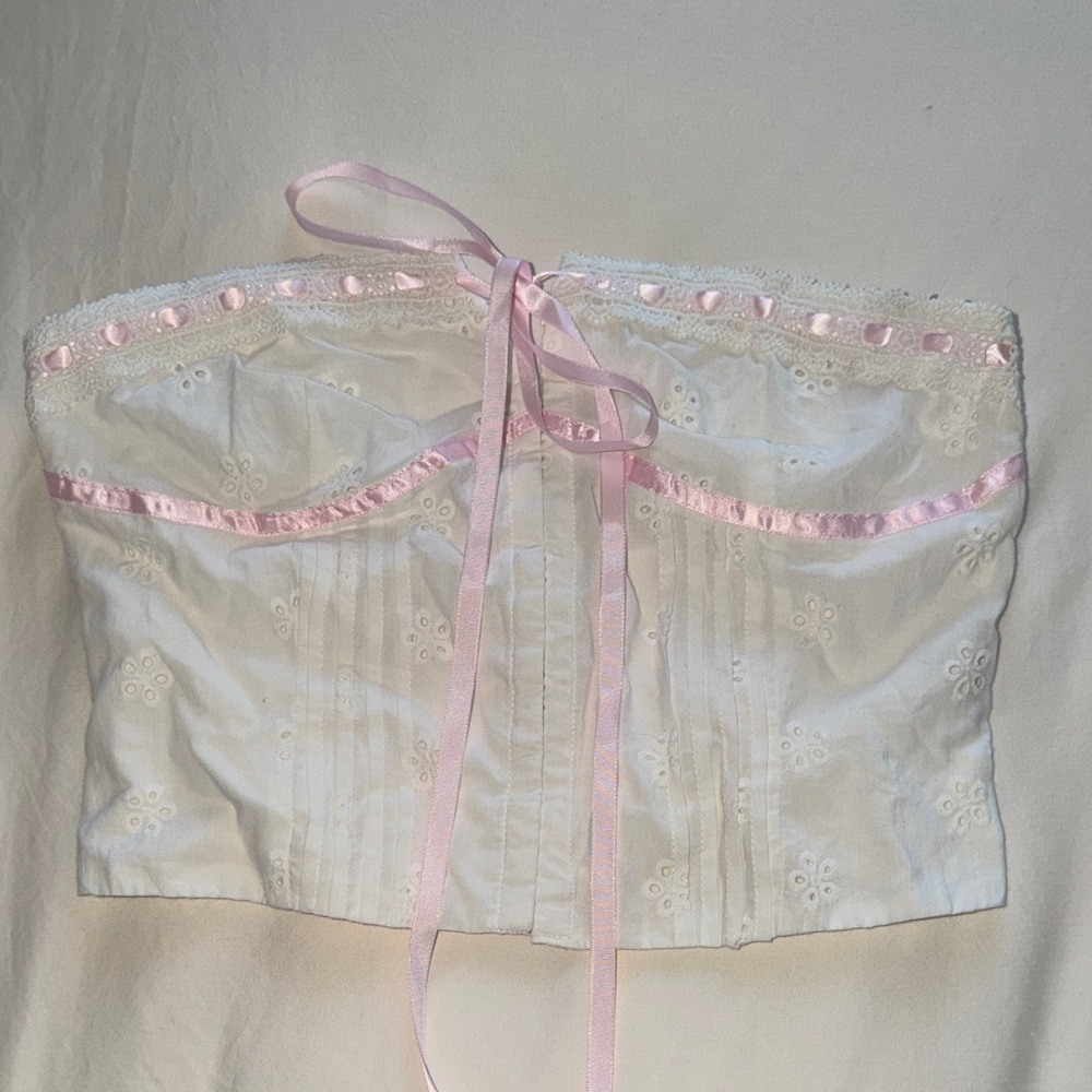 Peppermayo White Eyelet Bandeau Bustier with Pink Ribbon